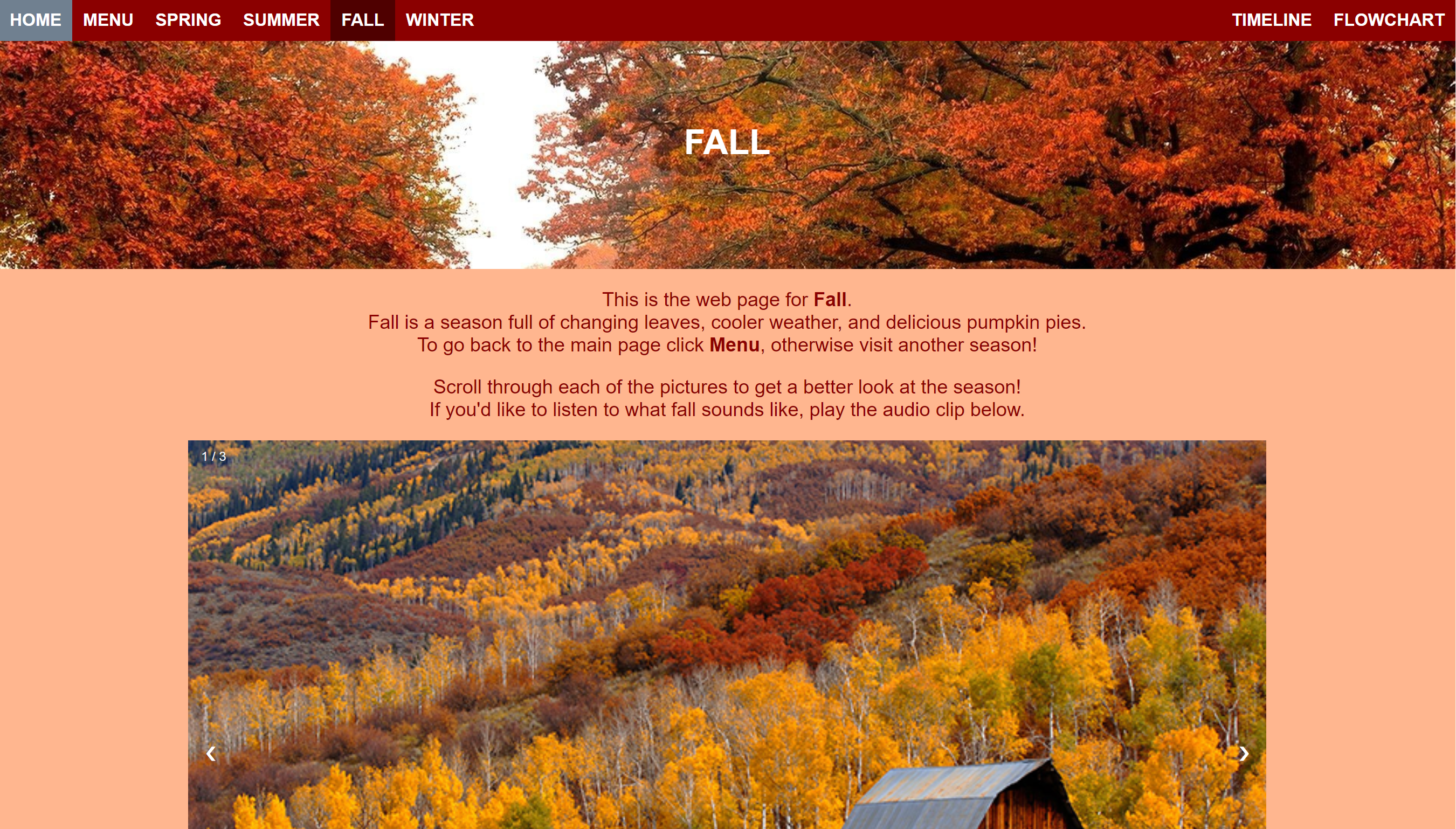 How the fall page looks after the final week, showcasing parallax images and a slideshow